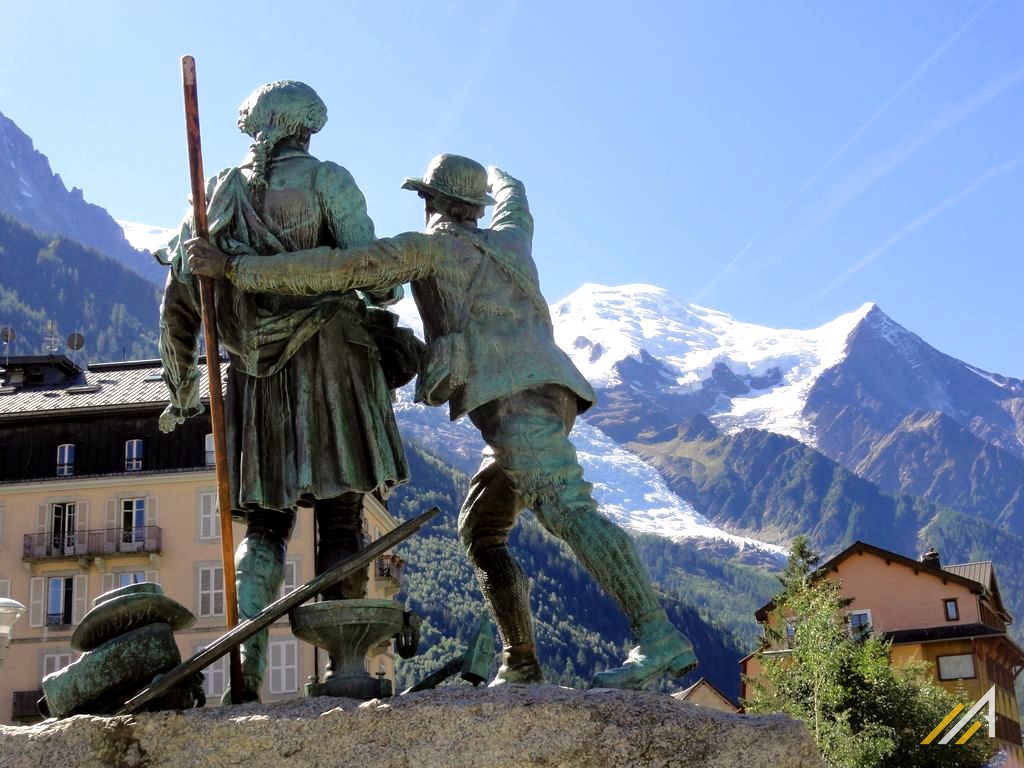 Chamonix Mont Blanc. Horace Benedict de Sausseure i przewodnik Jacques Balmat